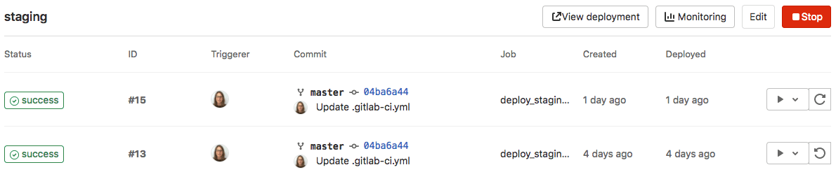 A list of deployments for a selected environment, displaying deployment history and related details.