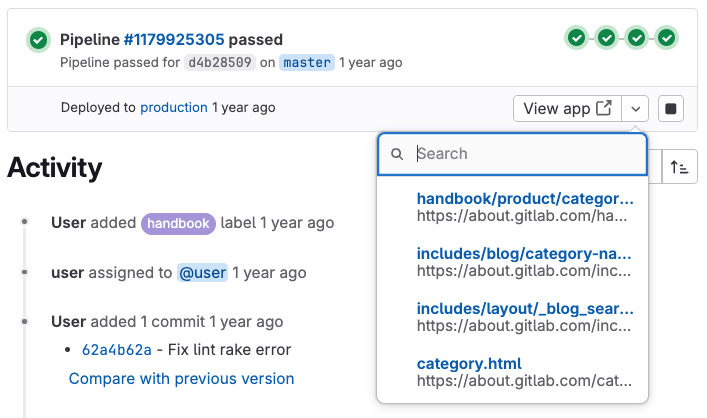 Merge request widget with route maps showing matched items and filter bar.