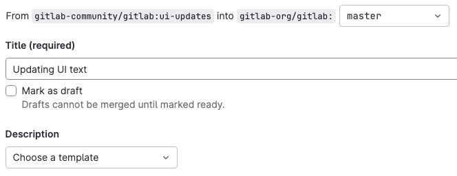The user interface for creating a new merge request that highlights the source and destination branches