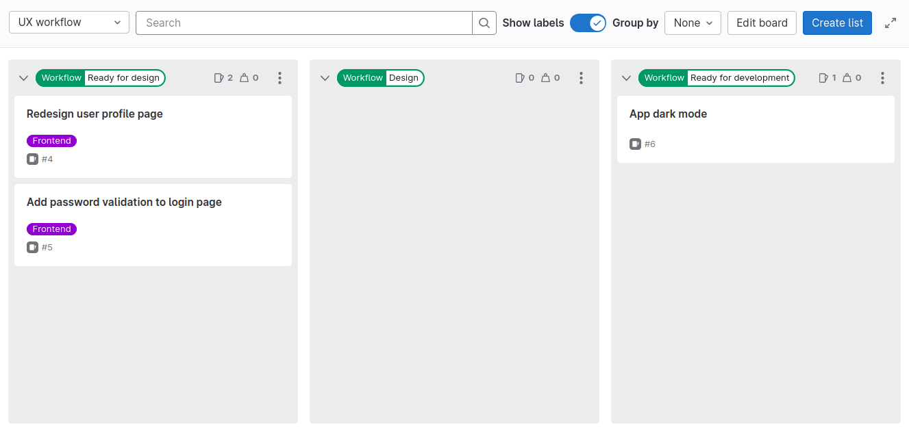 "UX workflow" issue board with three issues across three workflow columns