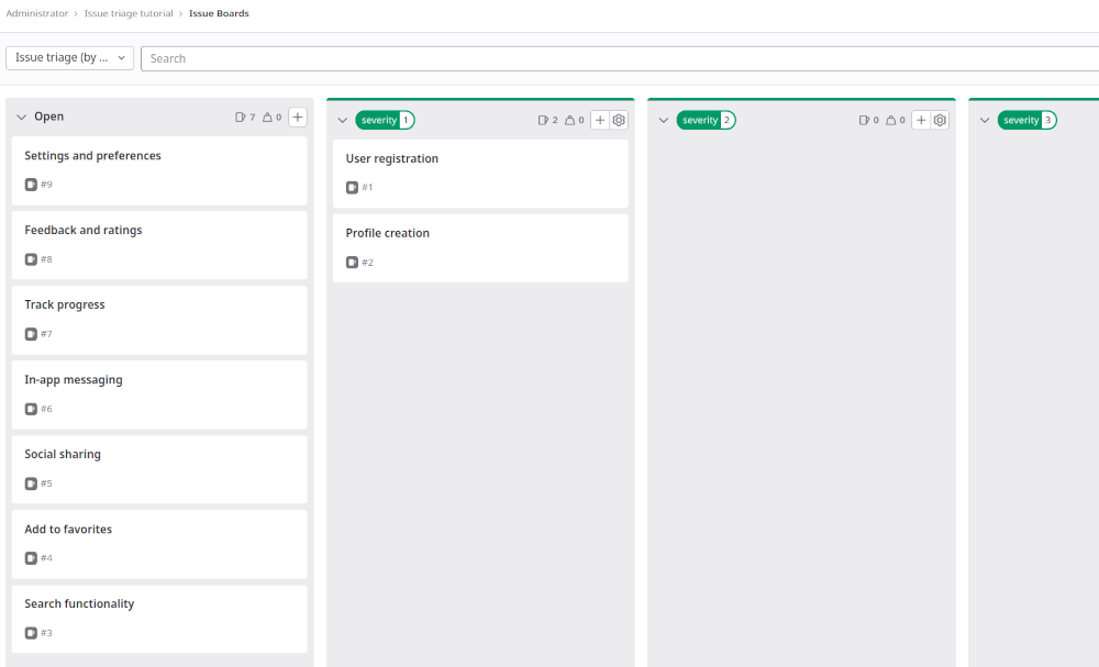 Issue board with unlabeled issues and prioritized "severity" labels for labeling issues