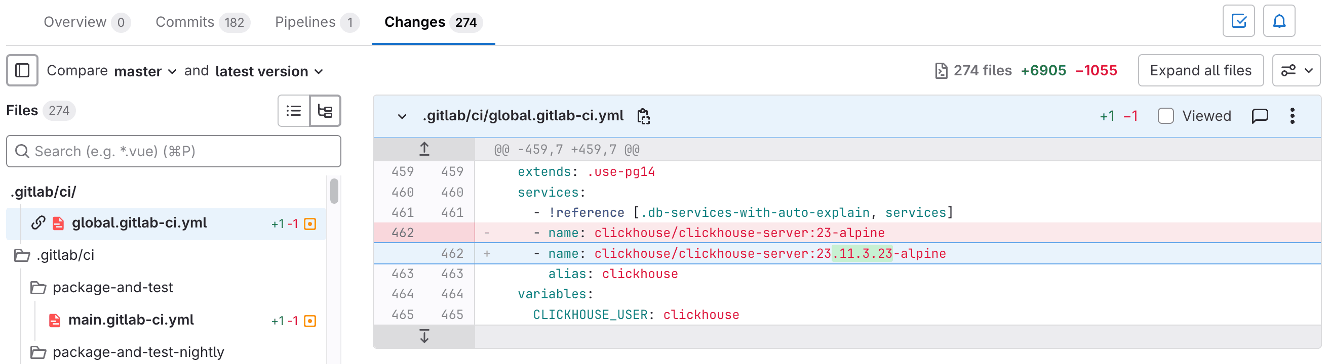 A merge request listing files, with the selected YAML file at the top.